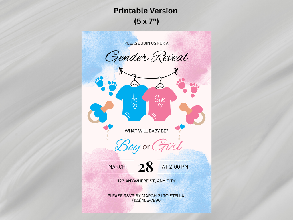 Gender reveal invitation with baby clothes, pacifier, and rattle on a watercolor background.