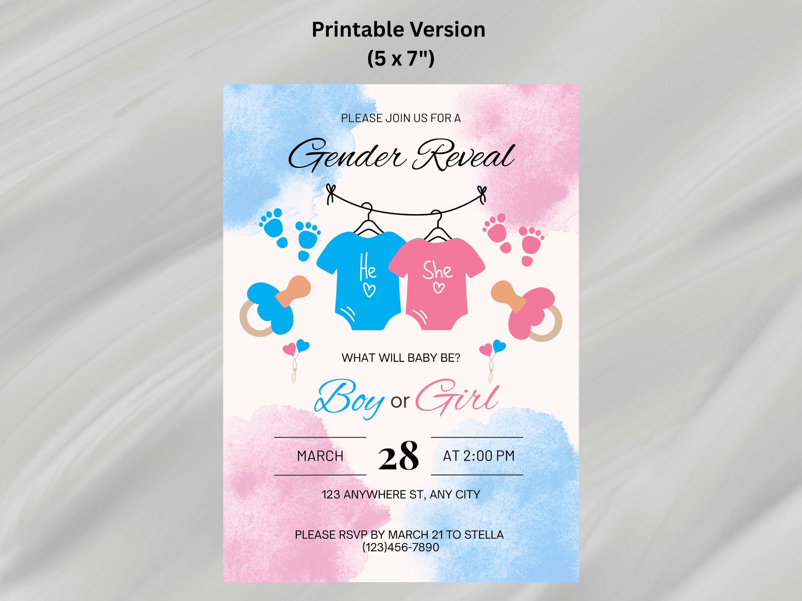 Gender reveal invitation with baby clothes, pacifier, and rattle on a watercolor background.