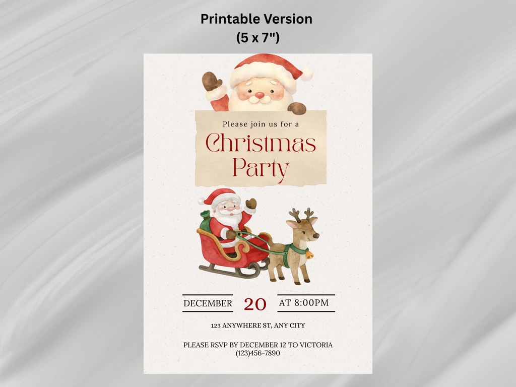 Christmas party invitation with Santa Claus and reindeer on a white background