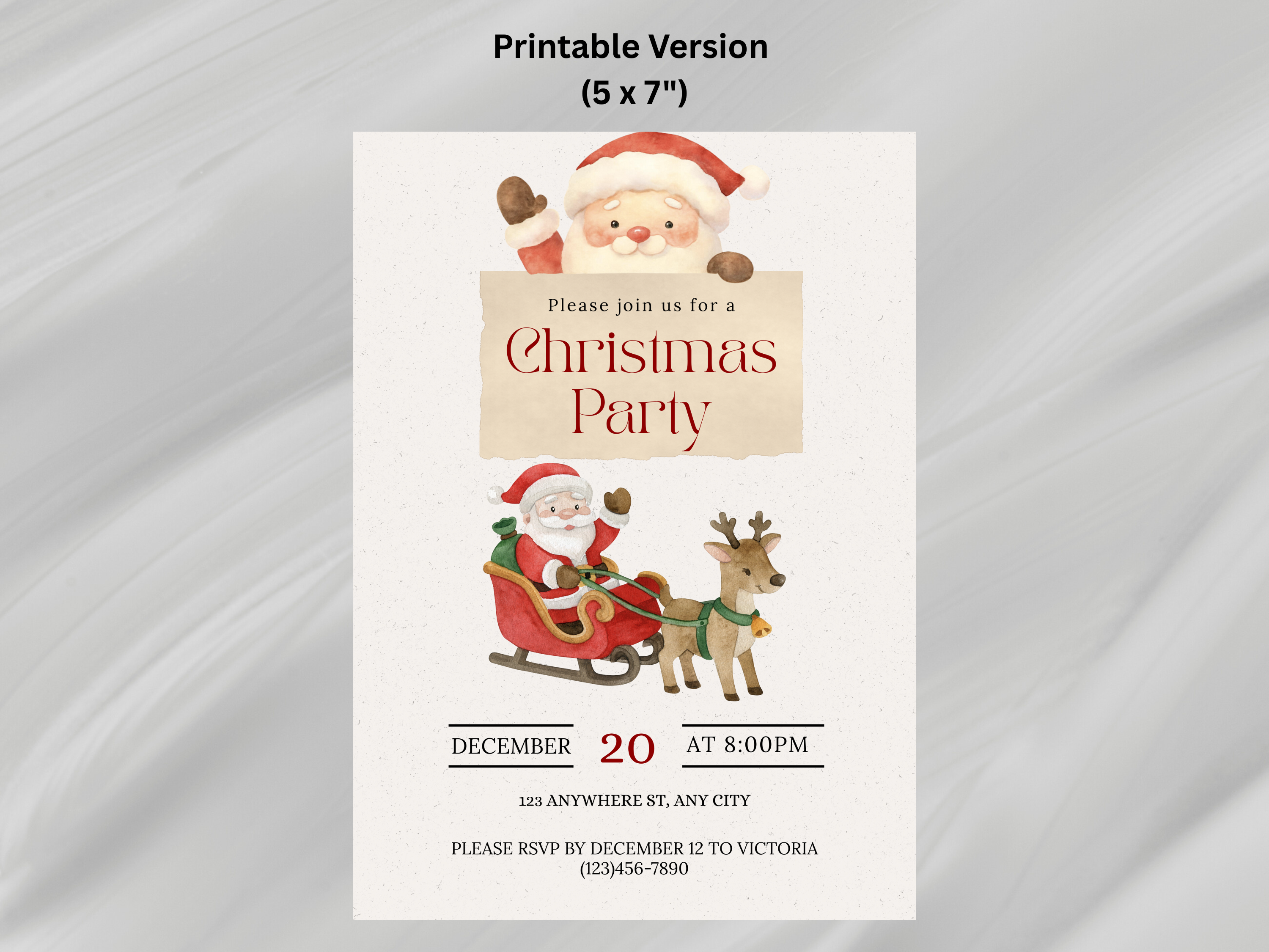 Christmas party invitation with Santa Claus and reindeer on a white background