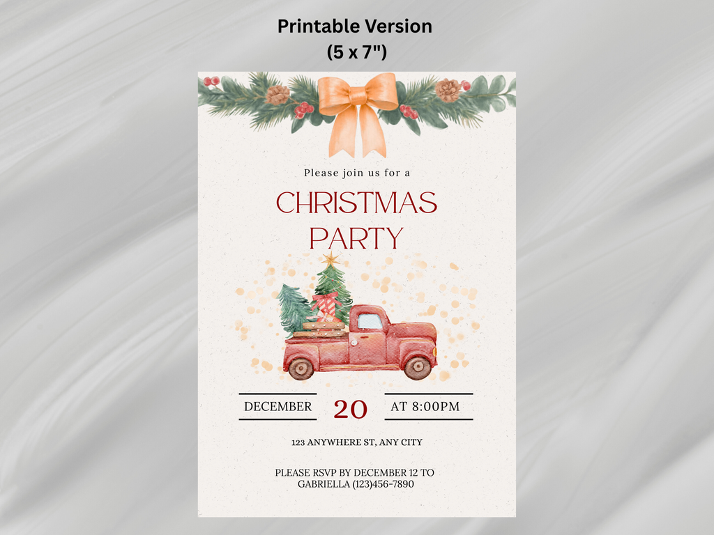 Christmas party invitation with a red truck and bow on a white background