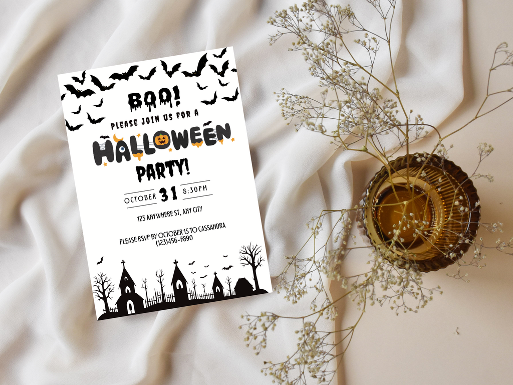 Halloween party invitation with black text and graphics on a white background, surrounded by decorative elements.