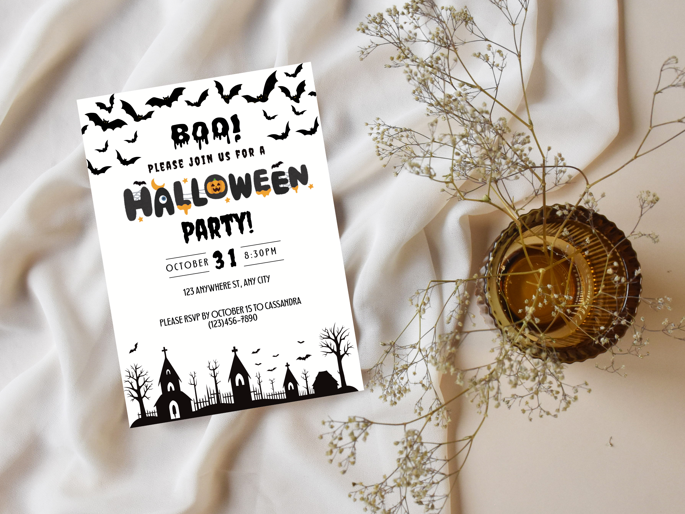 Halloween party invitation with black text and graphics on a white background, surrounded by decorative elements.
