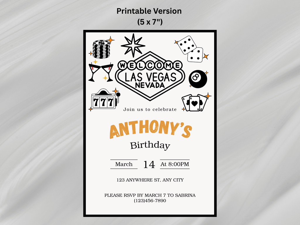 Birthday invitation card for Anthony's birthday in Las Vegas with decorative elements on a gray background.