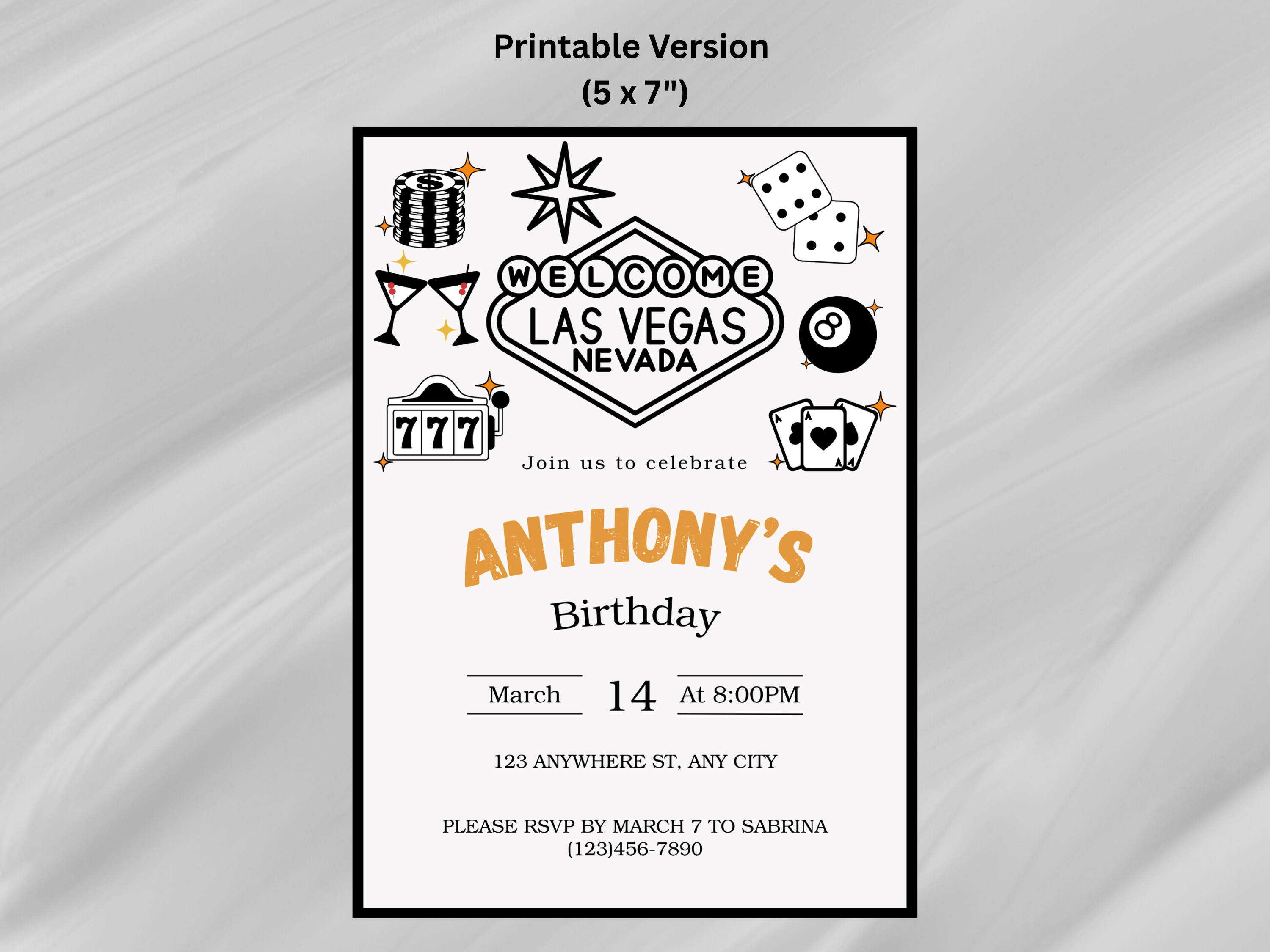 Birthday invitation card for Anthony's birthday in Las Vegas with decorative elements on a gray background.