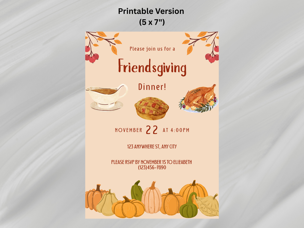 Invitation card for a Friendsgiving dinner with pumpkins, turkey, pie, and gravy on a beige background.