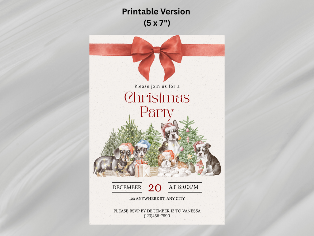 Christmas party invitation with dogs and a bow on a gray background