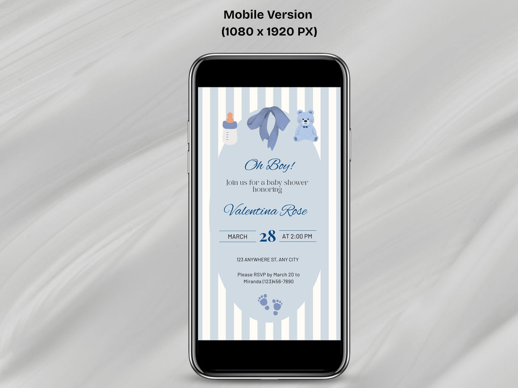 Phone displaying a baby shower invitation with blue teddy bears on a gray background