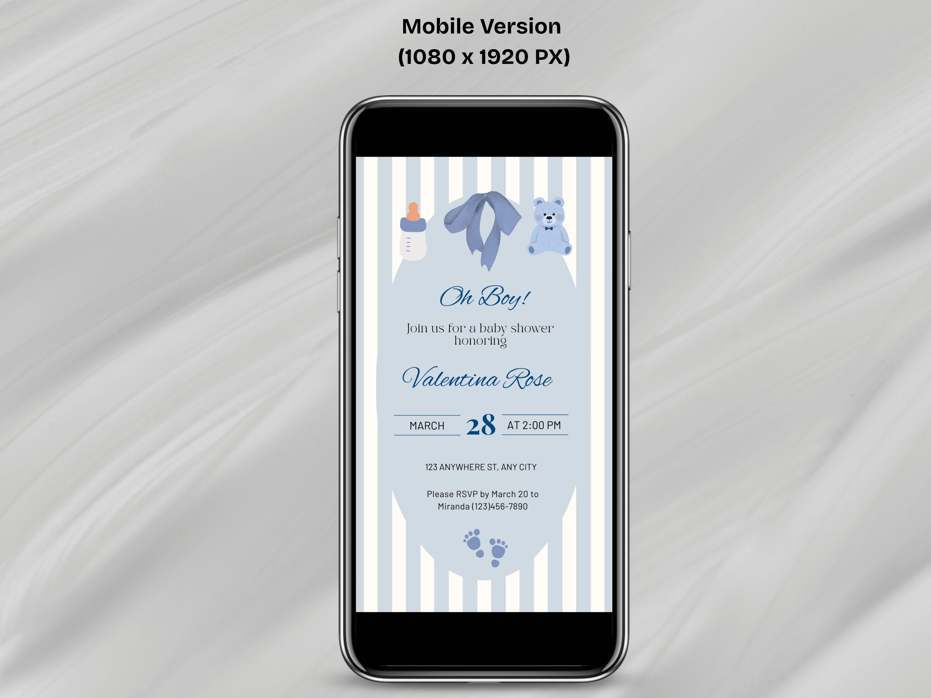 Phone displaying a baby shower invitation with blue teddy bears on a gray background
