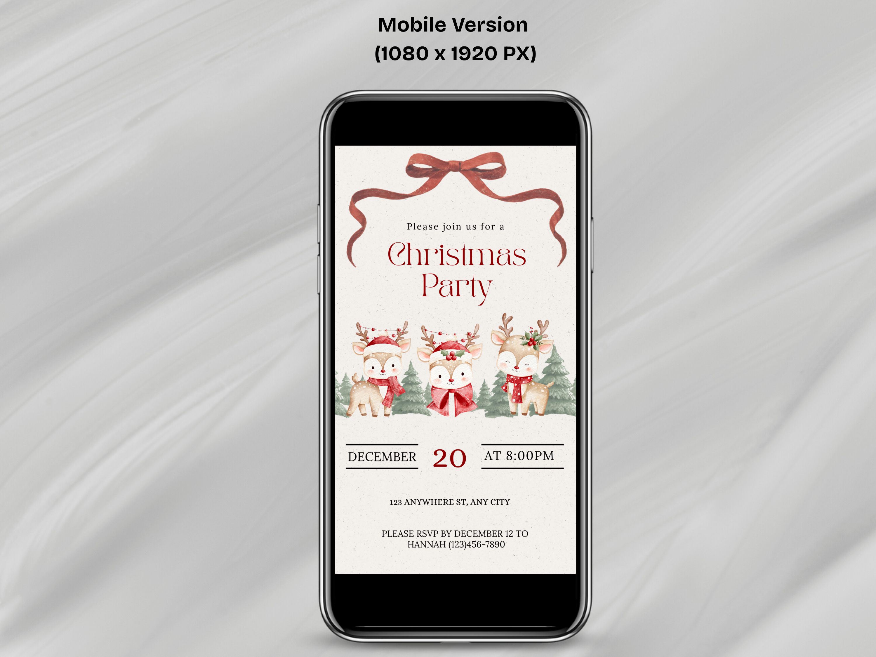 Phone displaying a Christmas party invitation on a gray background