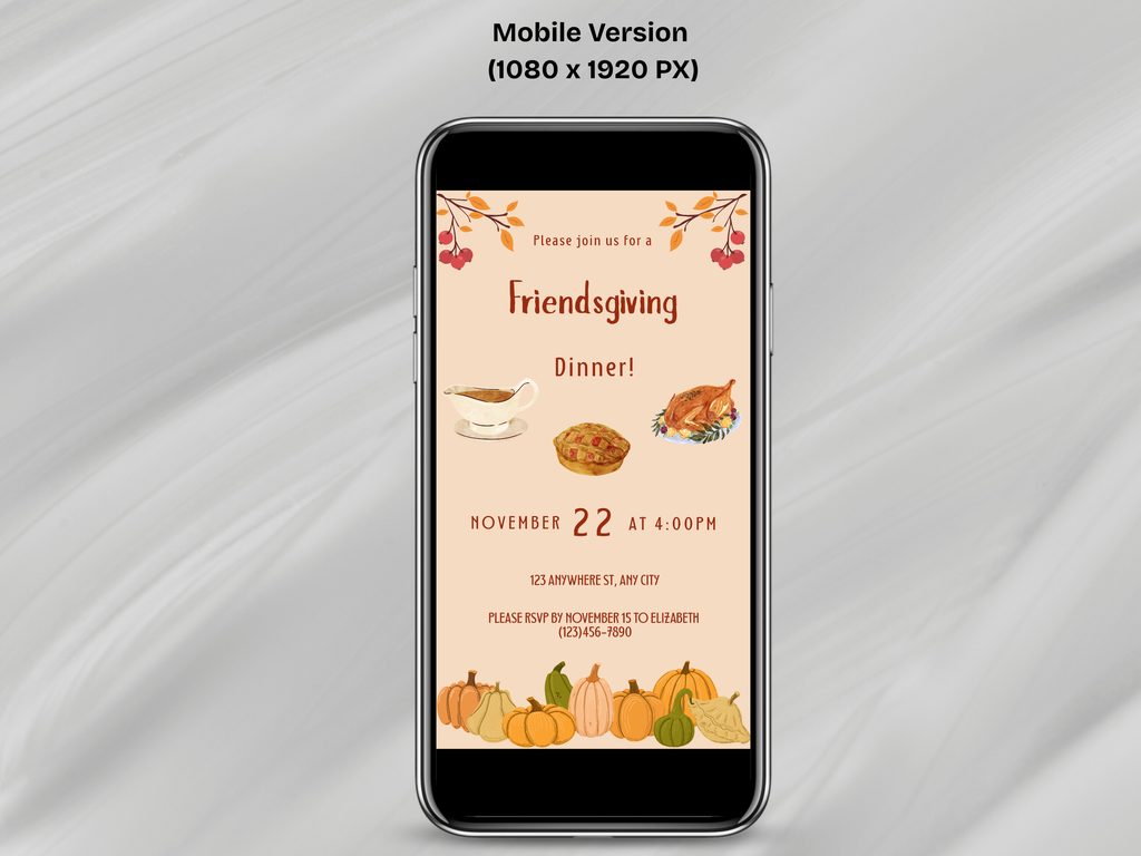 Phone displaying a Friendsgiving dinner invitation with pumpkins and food icons on a gray background