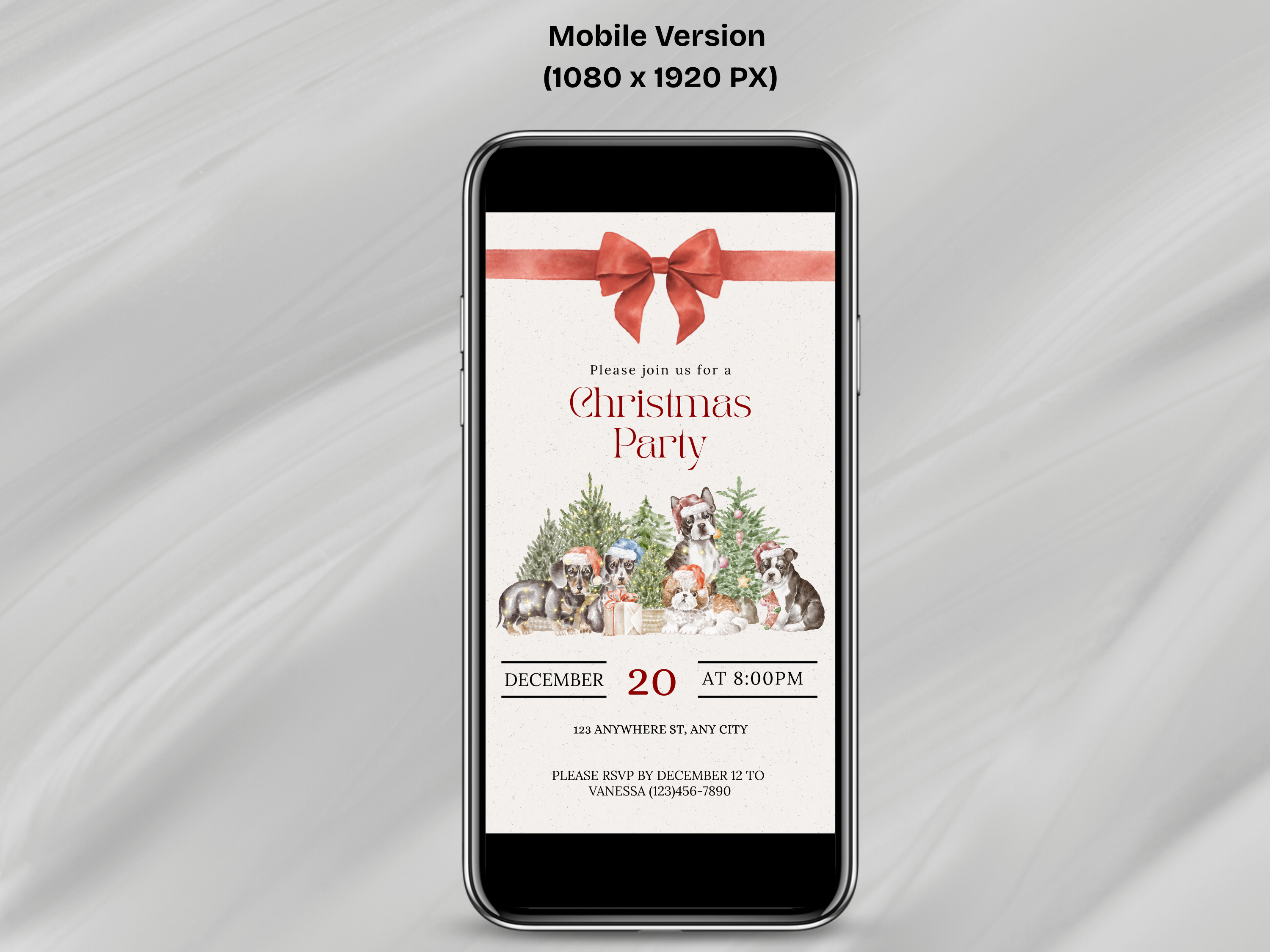 Phone displaying a Christmas party invitation with a red ribbon on a gray background