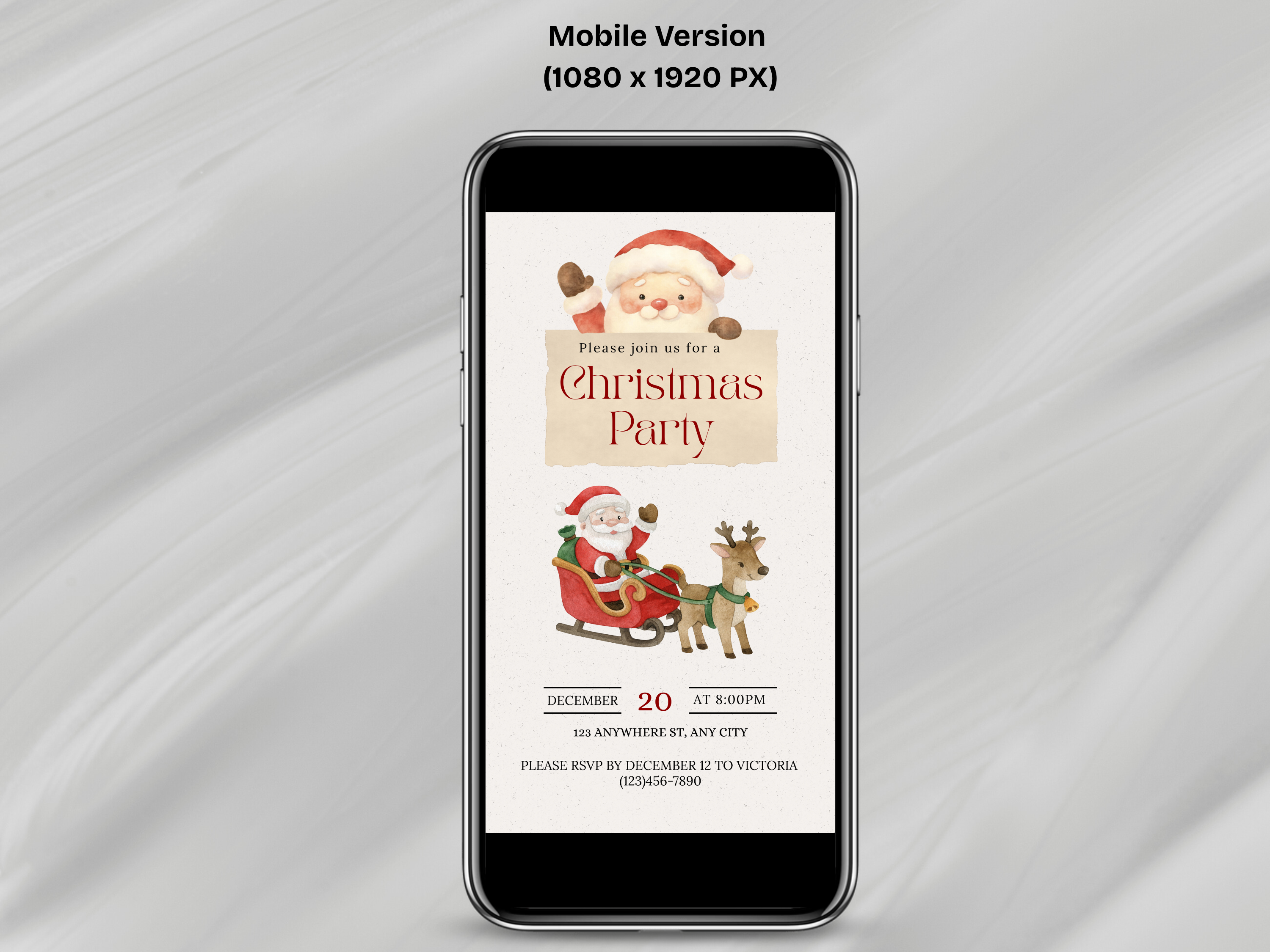 Phone displaying a Christmas party invitation with Santa Claus on a gray background