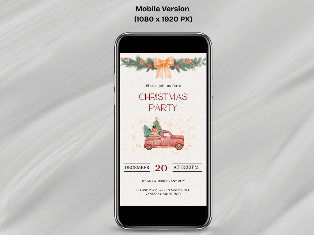 Phone displaying a Christmas party invitation on a gray background