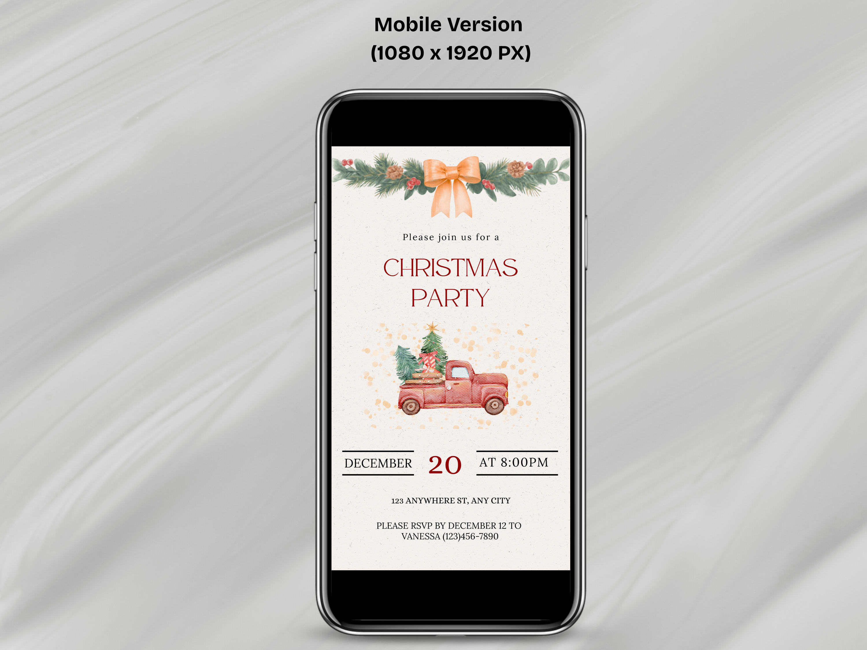 Phone displaying a Christmas party invitation on a gray background