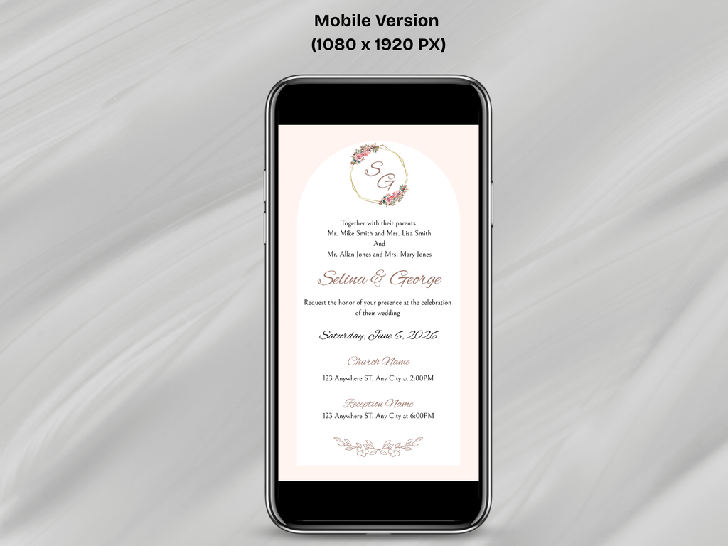 Phone displaying a wedding invitation on a gray fabric background