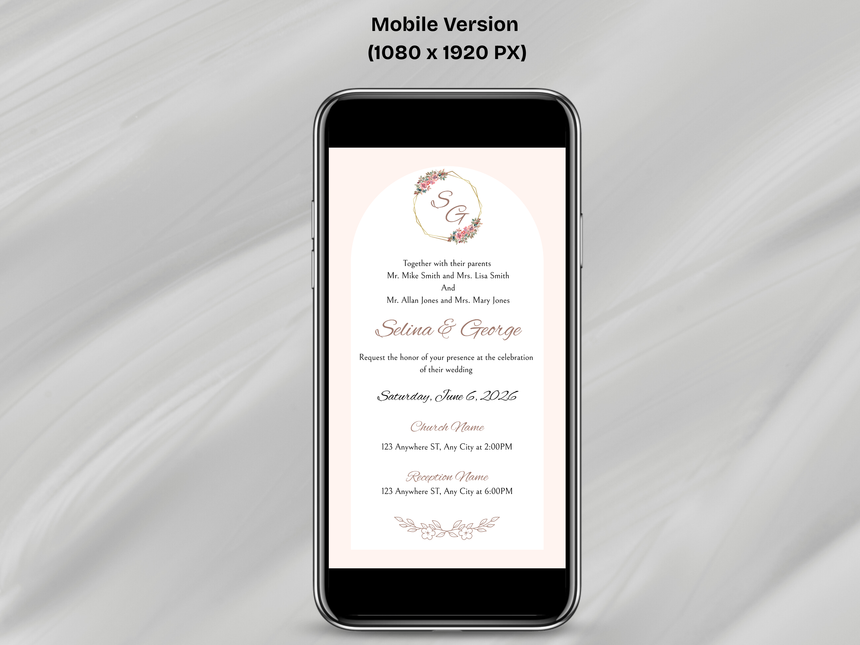 Phone displaying a wedding invitation on a gray fabric background