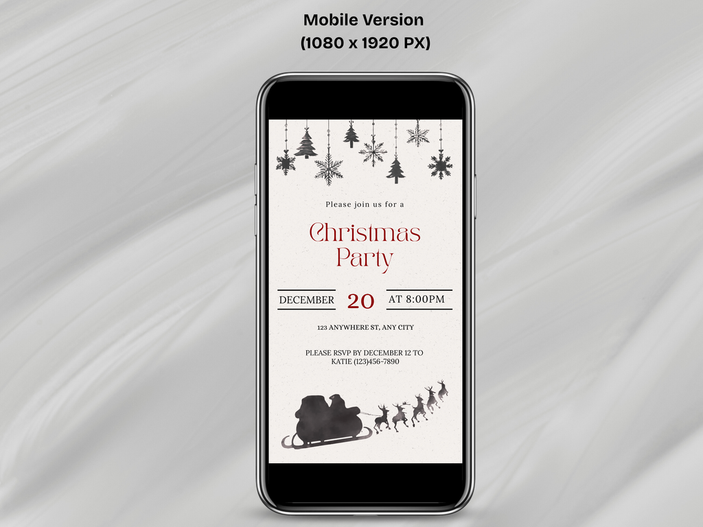 Phone displaying a Christmas party invitation on a gray fabric background