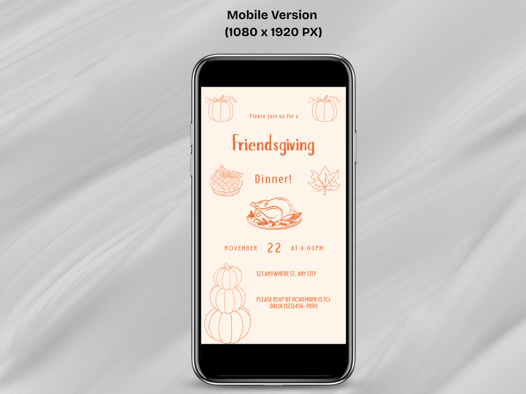 Phone displaying a Friendsgiving dinner invitation on a gray fabric background