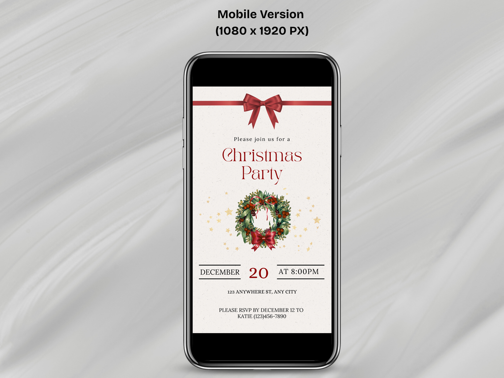 Phone displaying a Christmas party invitation on a gray background