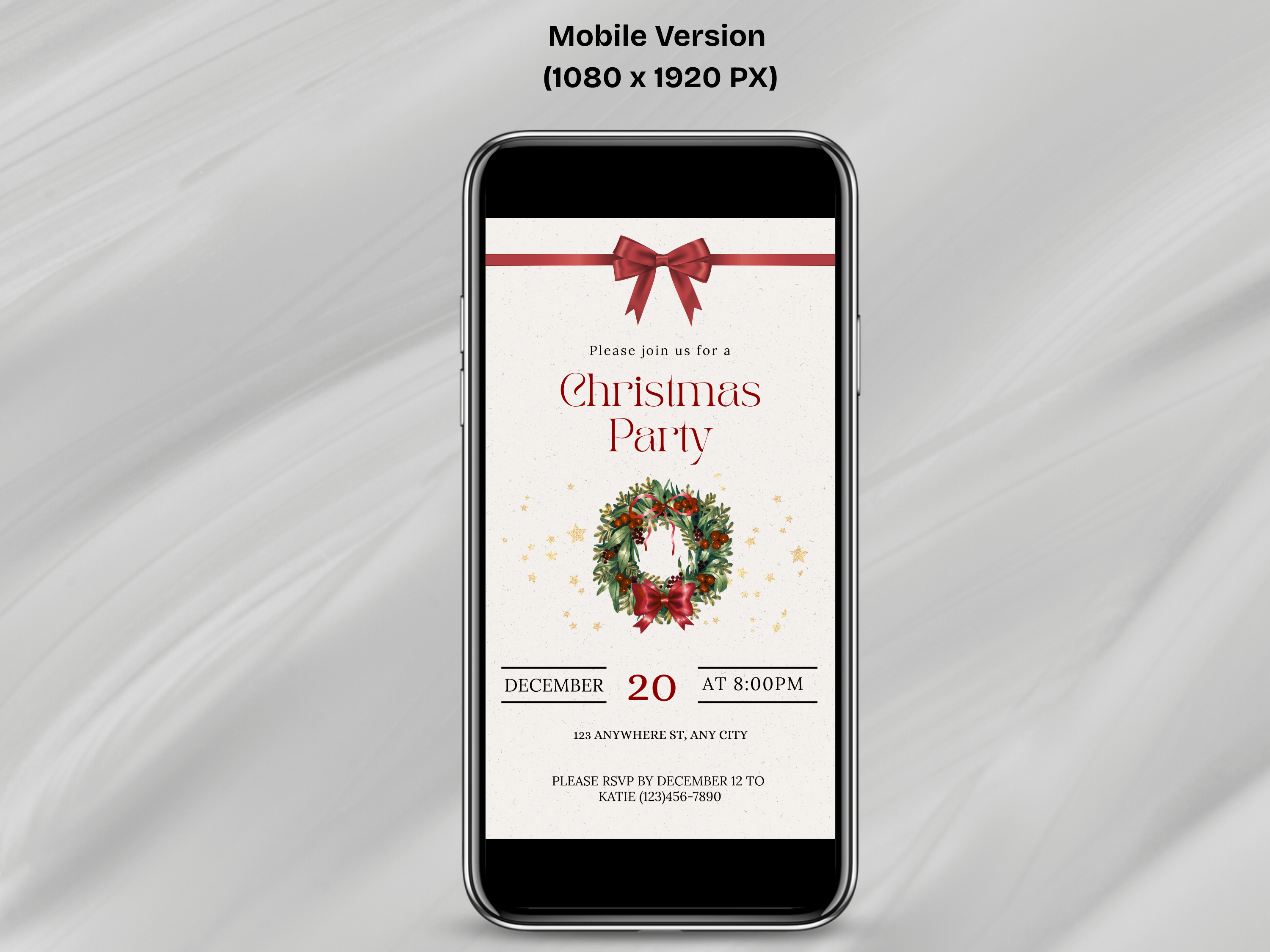 Phone displaying a Christmas party invitation on a gray background