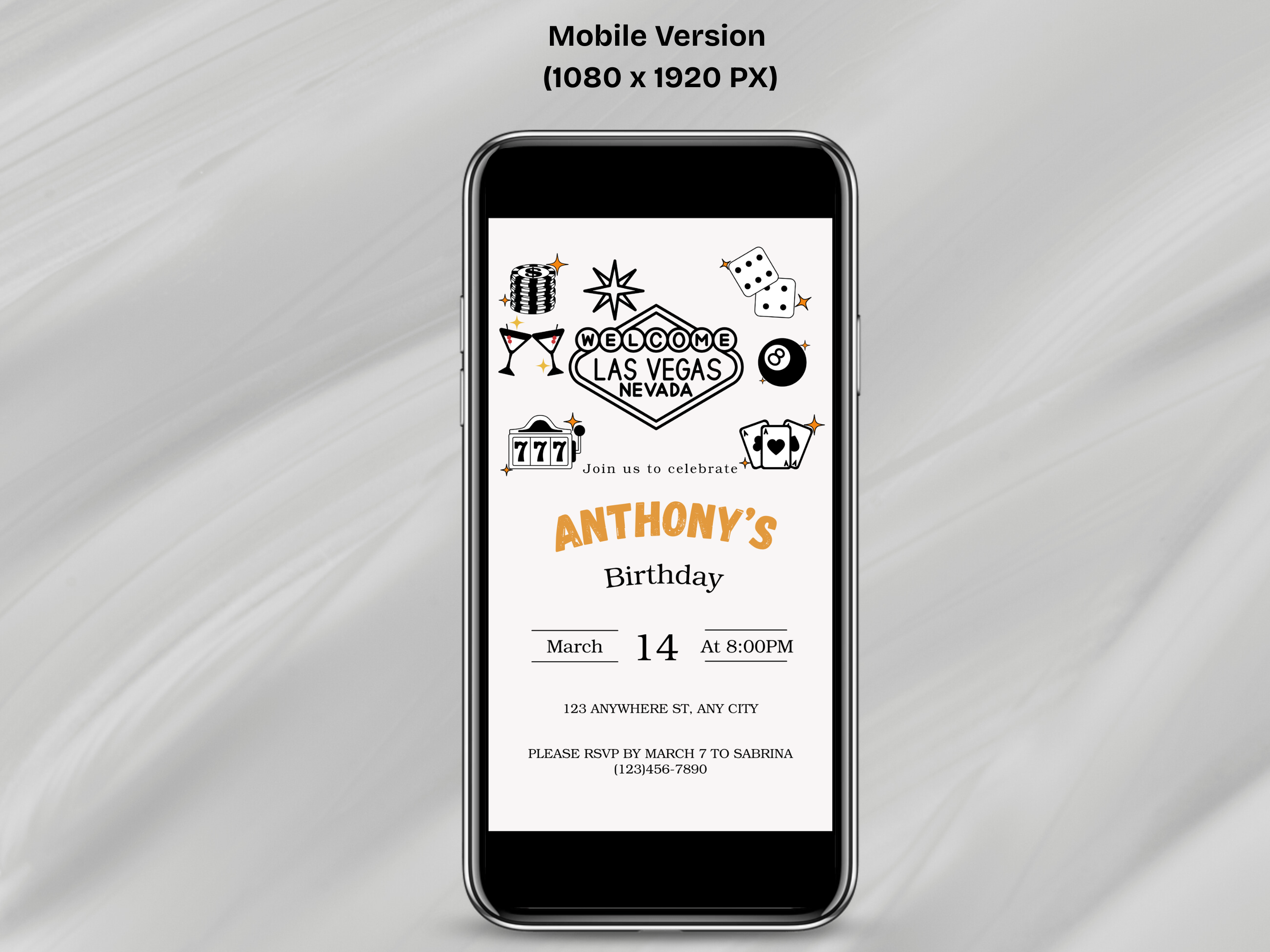 Phone displaying a Las Vegas-themed birthday invitation on a gray fabric background