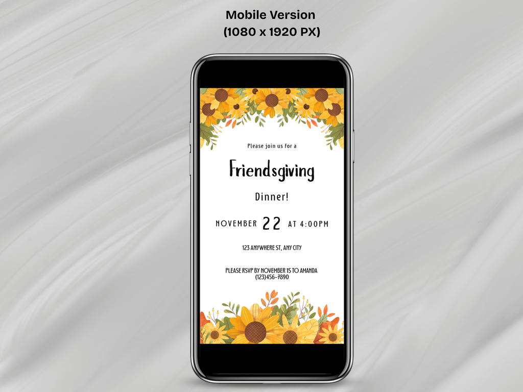 Phone displaying a Friendsgiving dinner invitation with sunflower design on a gray background