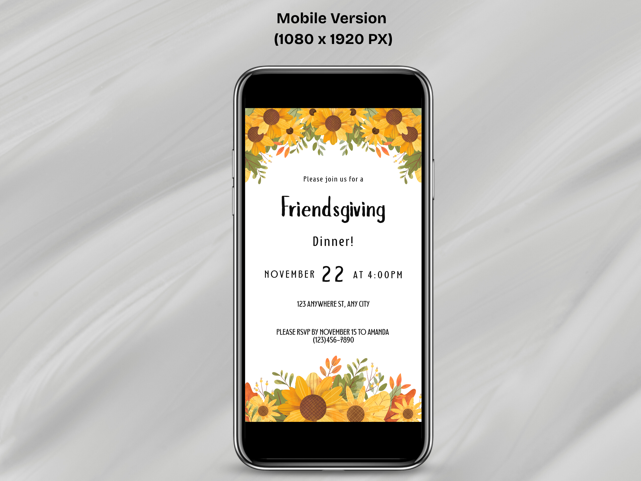 Phone displaying a Friendsgiving dinner invitation with sunflower design on a gray background
