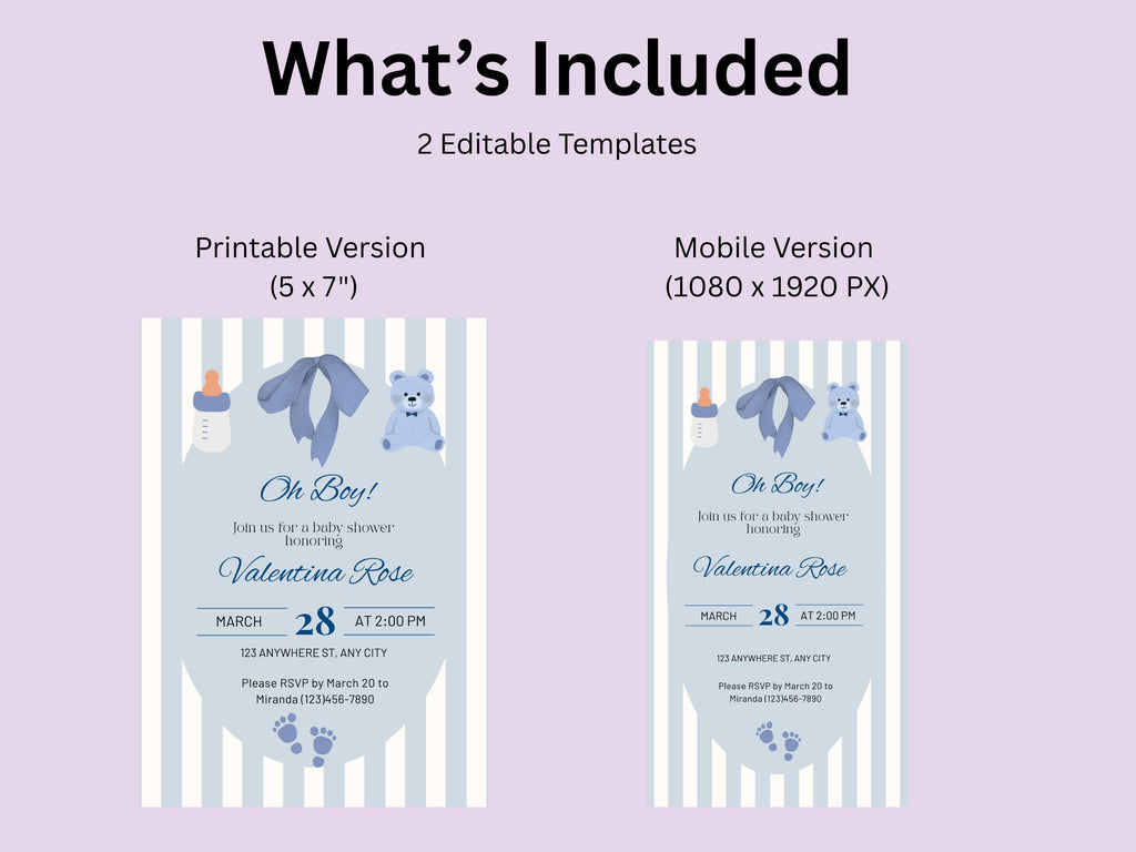 Baby shower invitation templates on a purple background with text indicating different formats.