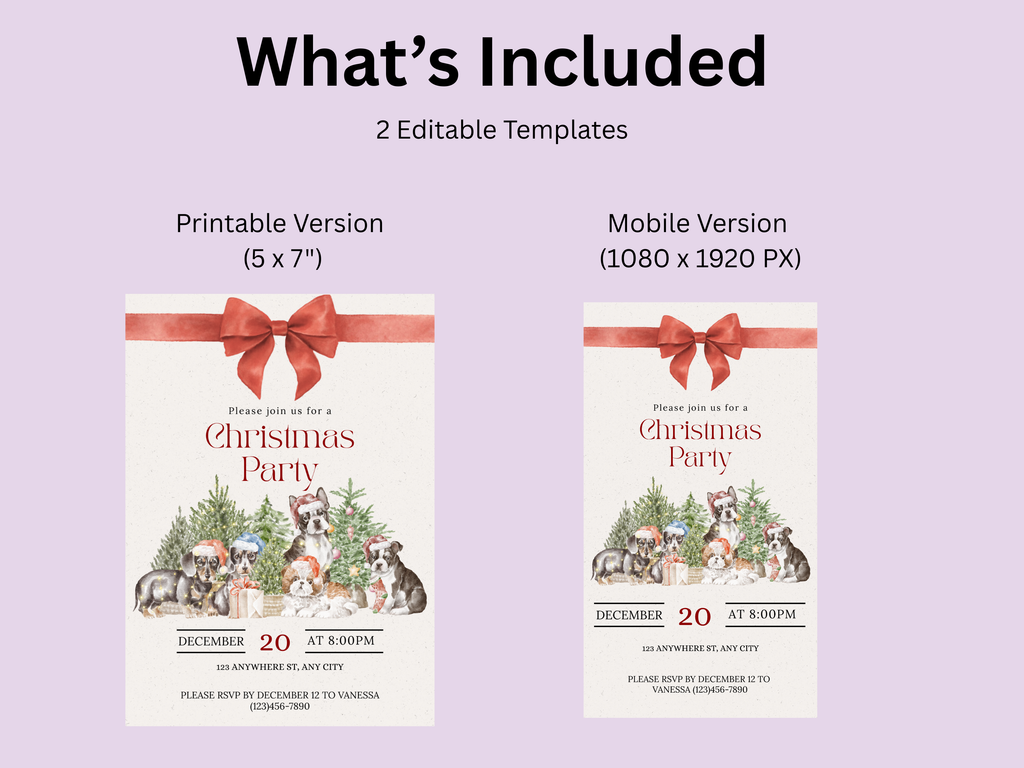 Two Christmas party invitations with a red bow on a purple background, showing printable and mobile versions.