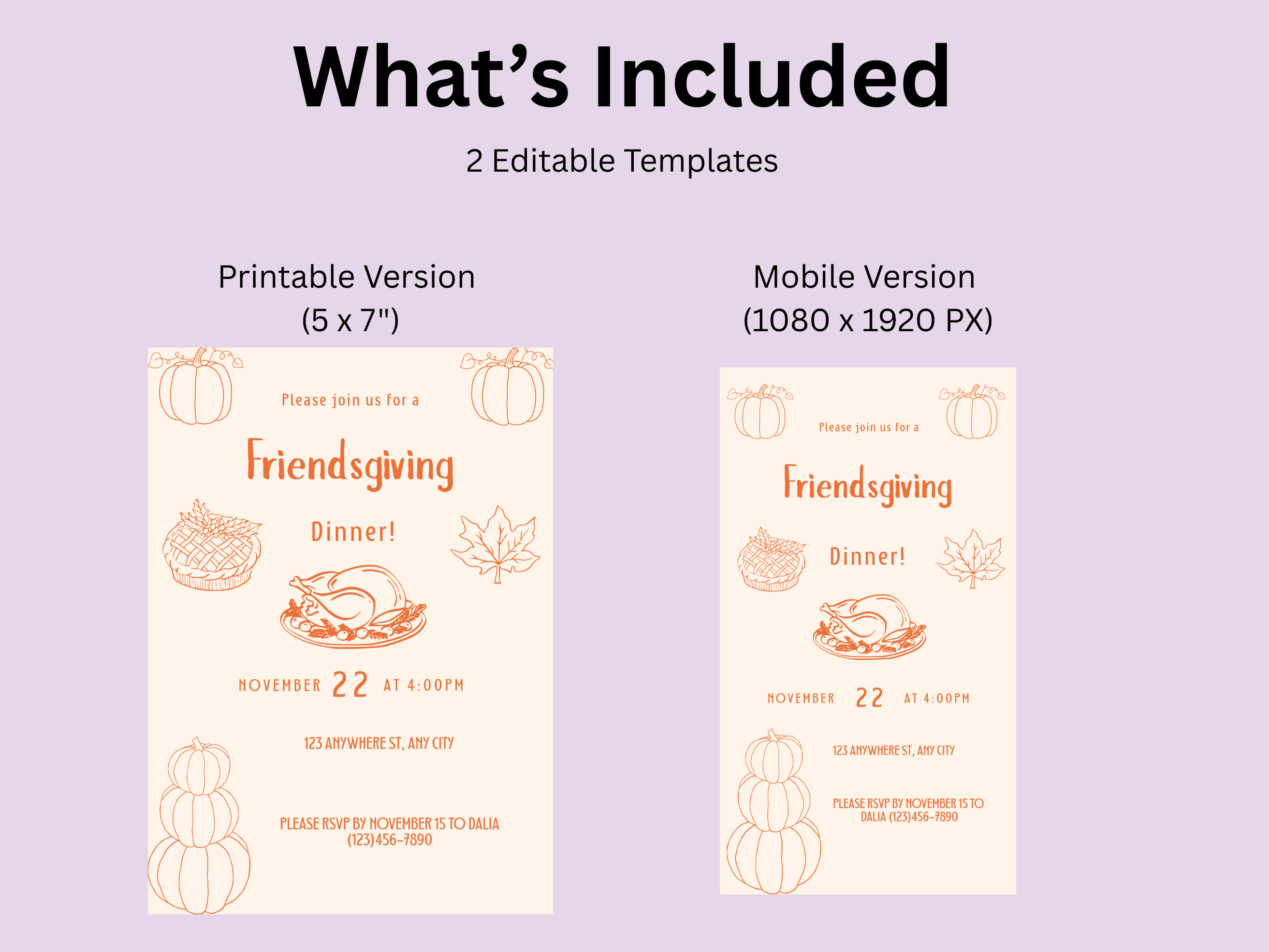 Two Friendsgiving dinner invitations on a light purple background with text indicating different file formats.