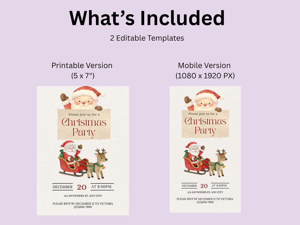 Christmas party invitation with Santa Claus and reindeer on a purple background