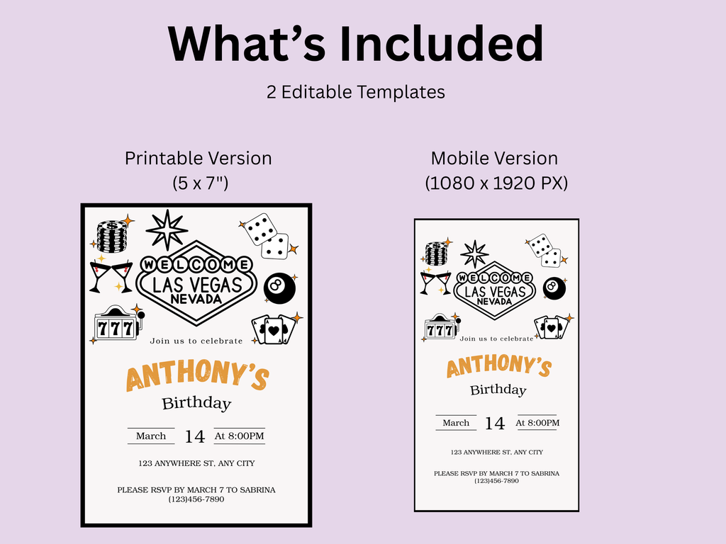 Two editable templates for a Las Vegas-themed birthday invitation on a light purple background.