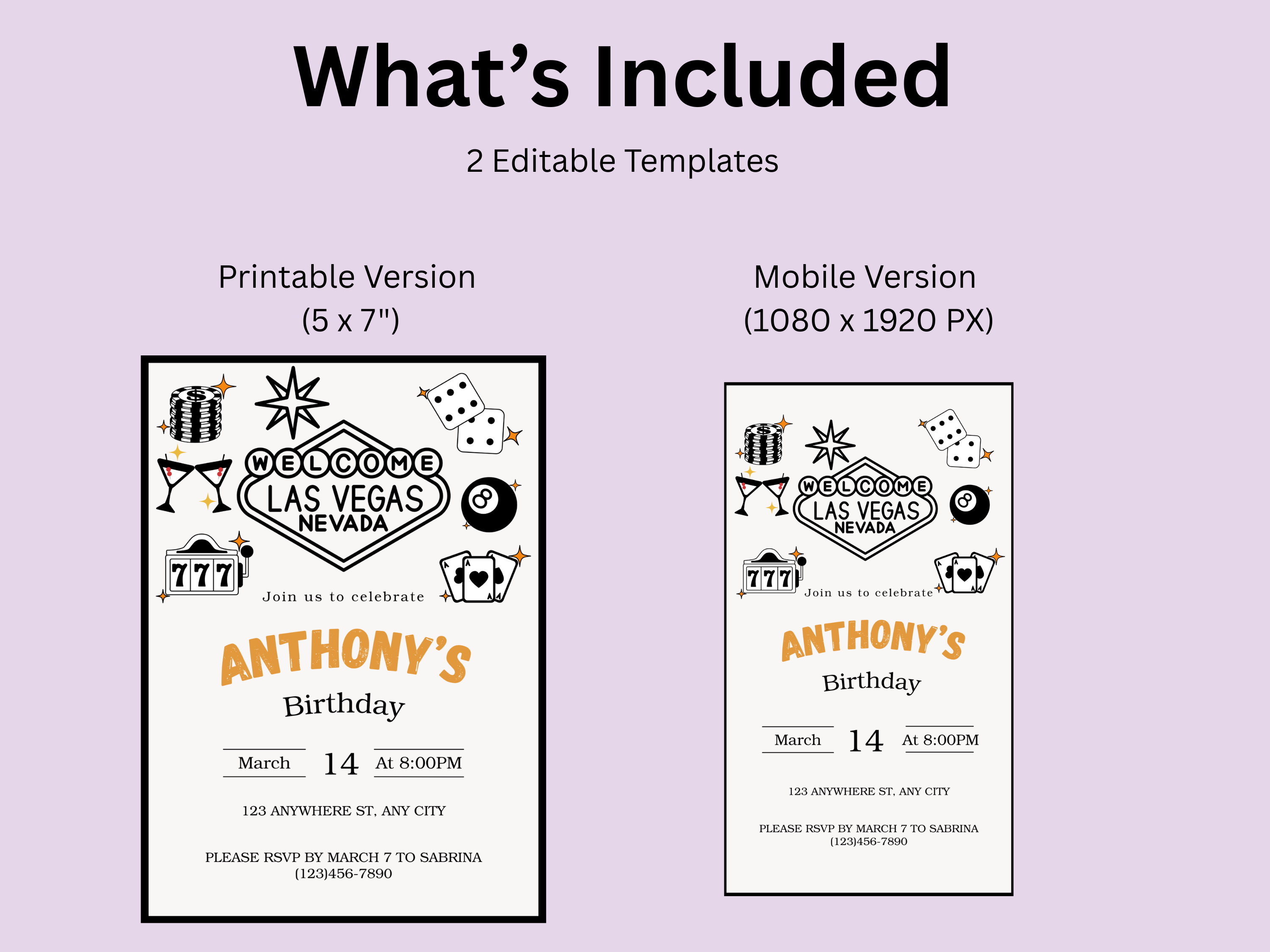 Two editable templates for a Las Vegas-themed birthday invitation on a light purple background.
