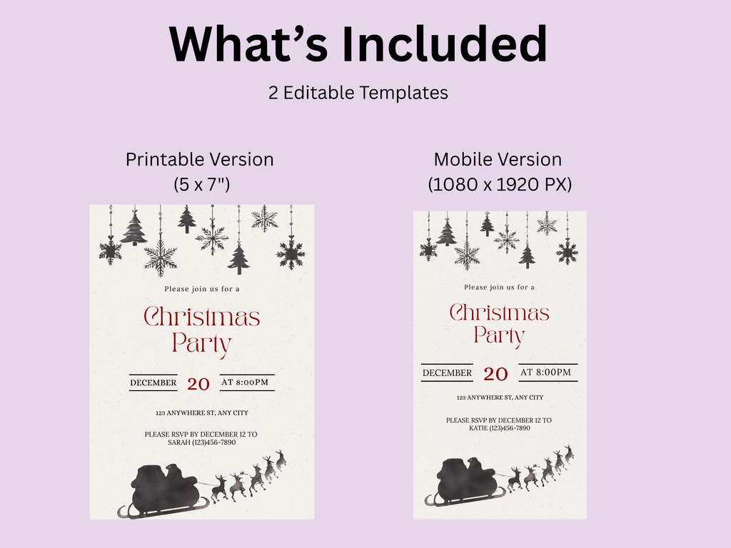Two Christmas party invitations with text and graphics on a light purple background.