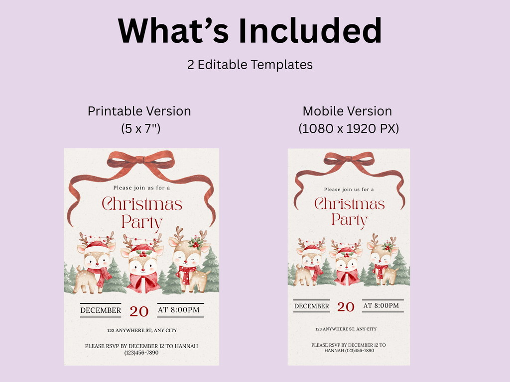 Two Christmas party invitations with reindeer and a bow on a light purple background.
