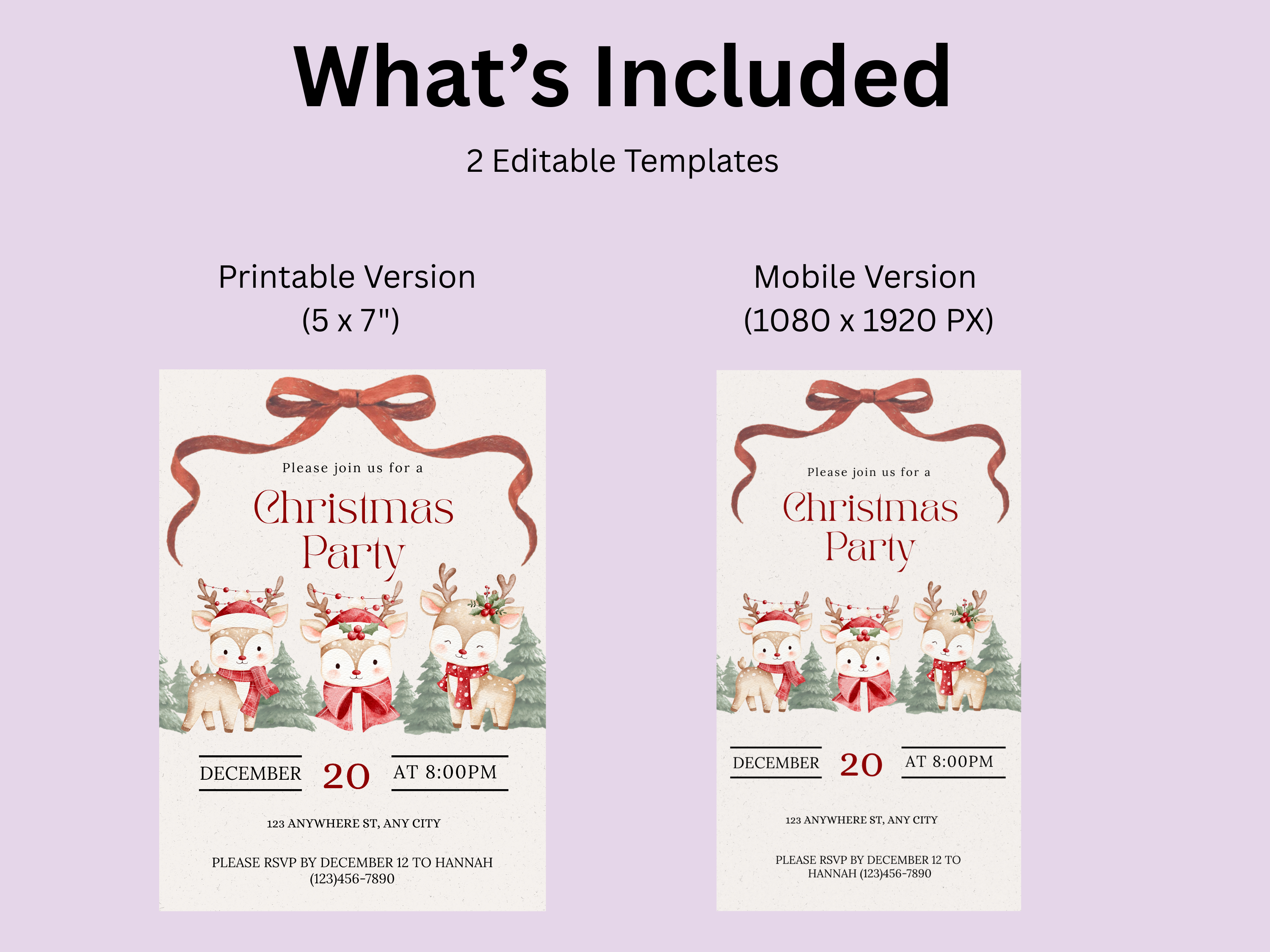 Two Christmas party invitations with reindeer and a bow on a light purple background.