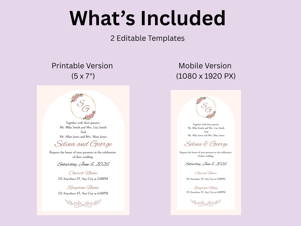 Two wedding invitation templates on a purple background with text indicating different sizes.
