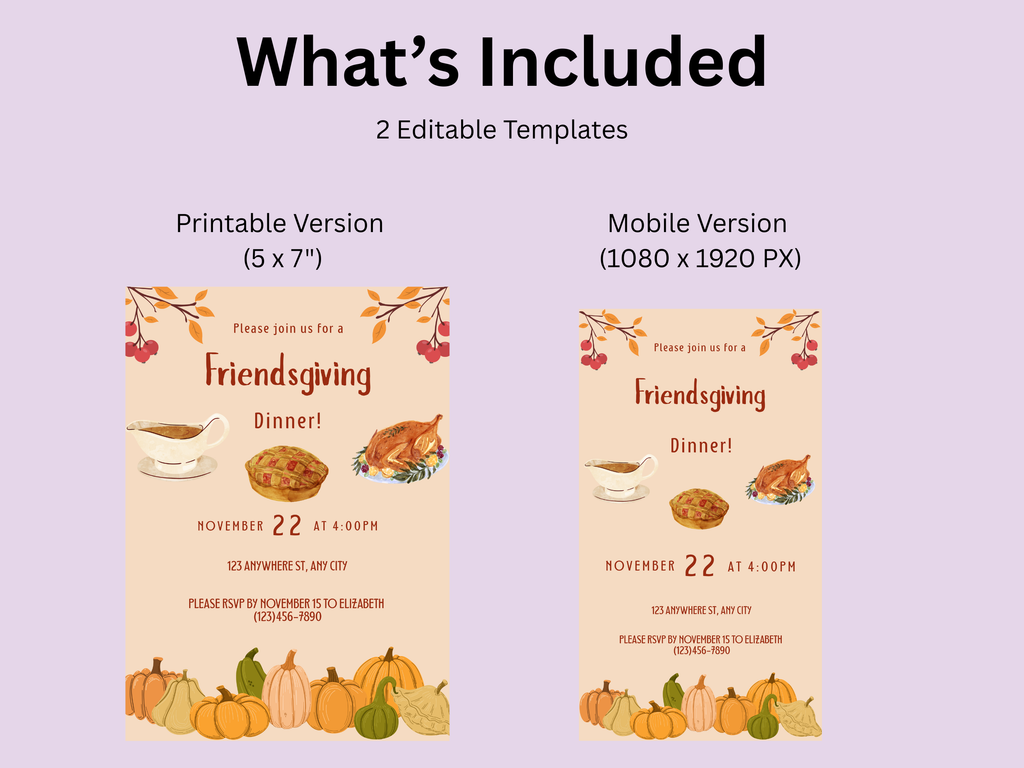 Two Friendsgiving dinner invitation templates on a light purple background with text indicating file sizes.