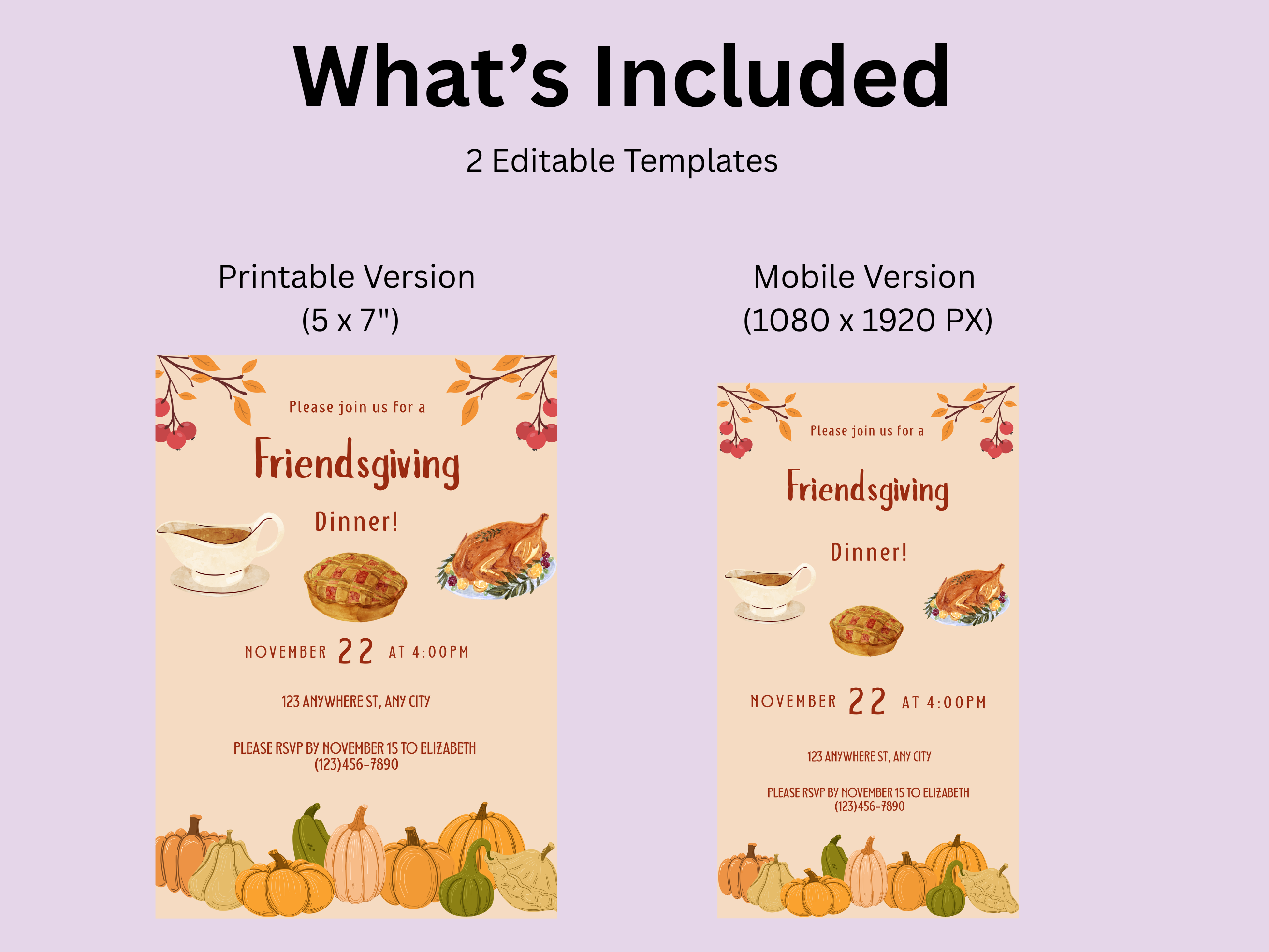 Two Friendsgiving dinner invitation templates on a light purple background with text indicating file sizes.