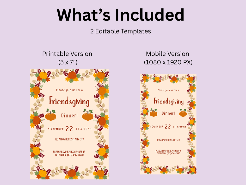 Friendsgiving dinner invitation templates with pumpkins and leaves on a purple background.