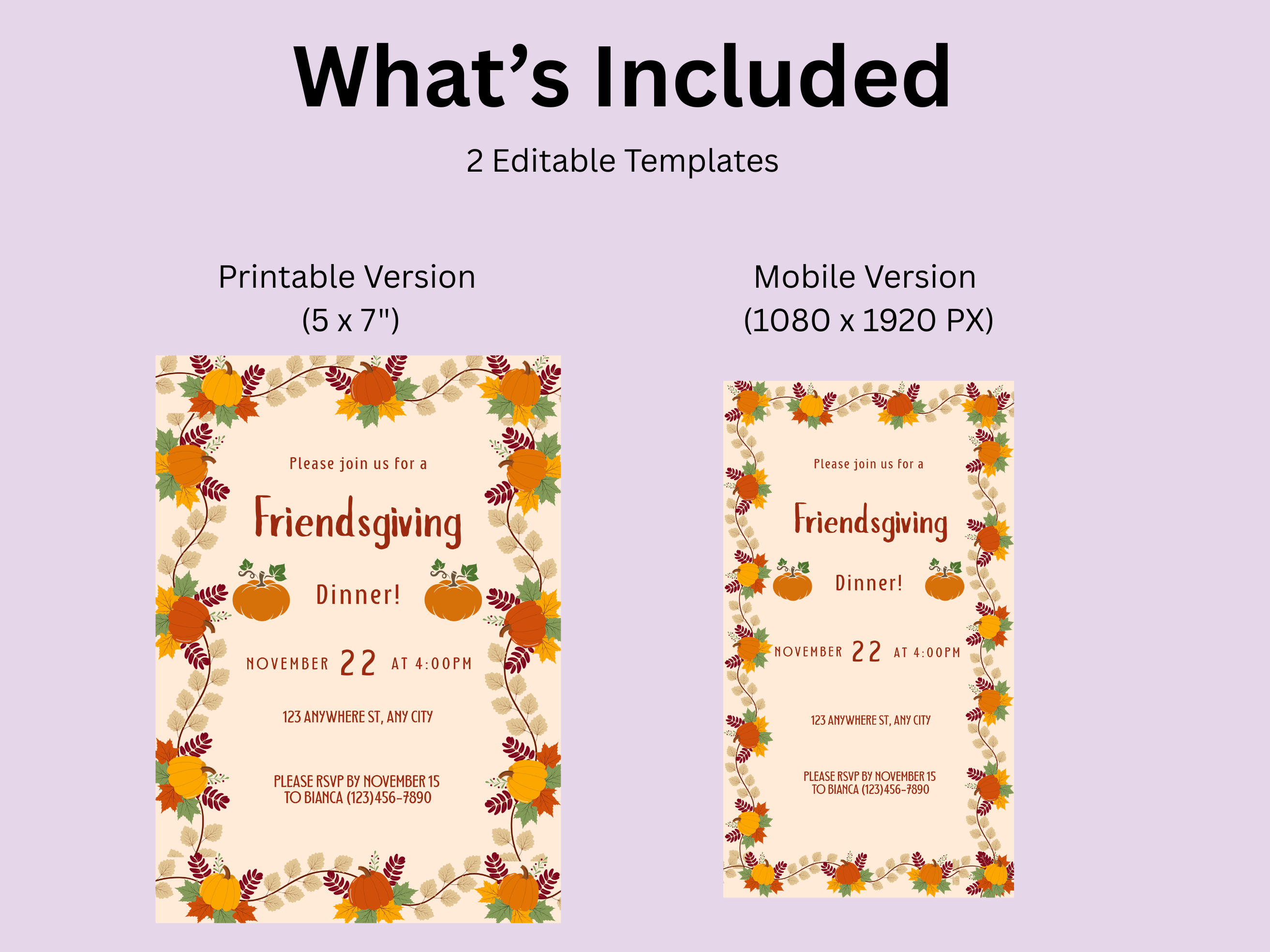 Friendsgiving dinner invitation templates with pumpkins and leaves on a purple background.