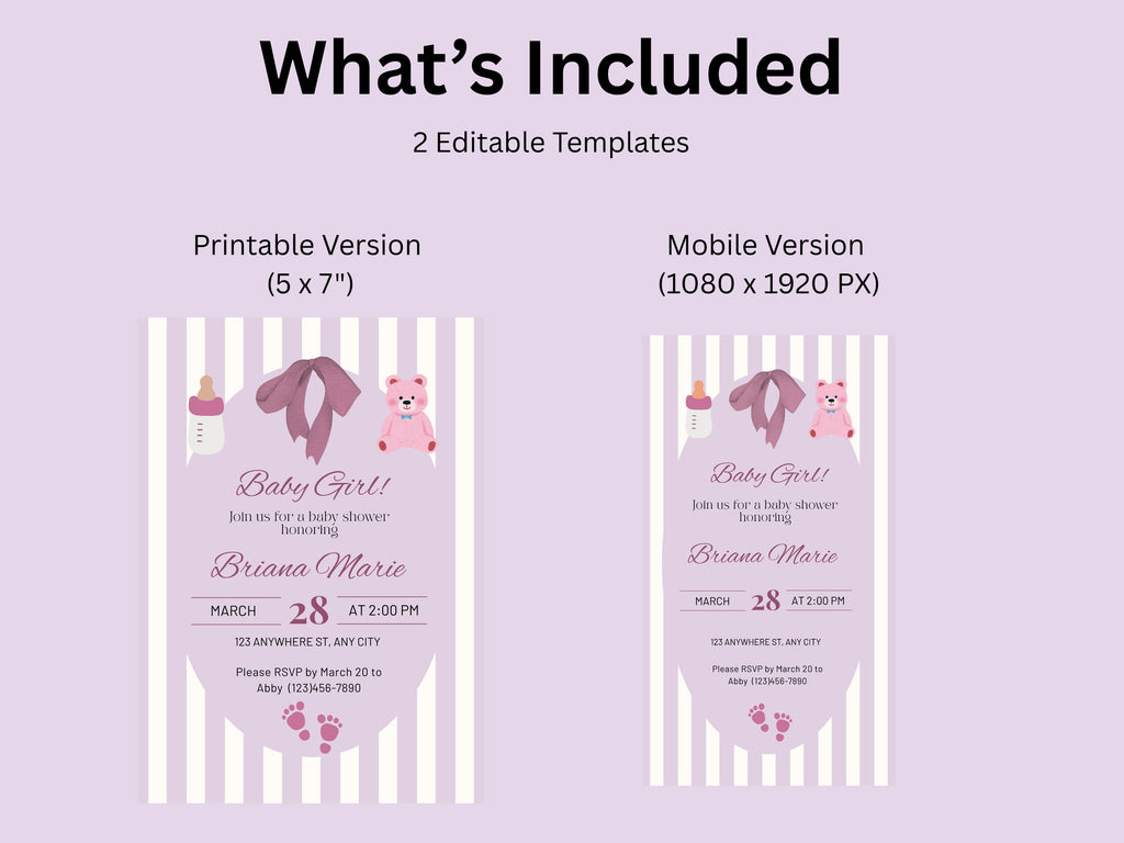 Baby Girl! Pink Baby Shower Editable Digital Invitation (Printable & Mobile versions included)