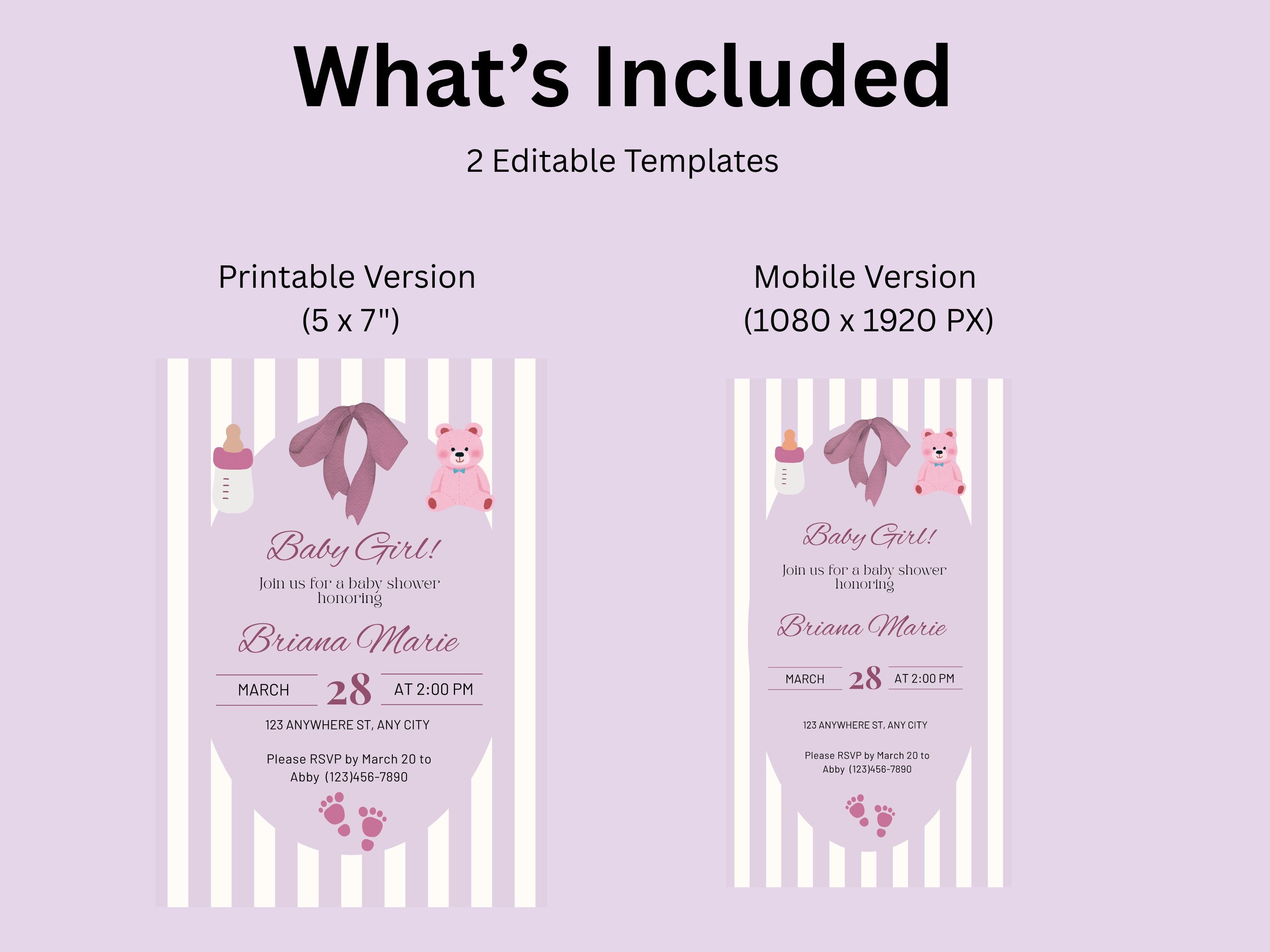 Baby Girl! Pink Baby Shower Editable Digital Invitation (Printable & Mobile versions included)