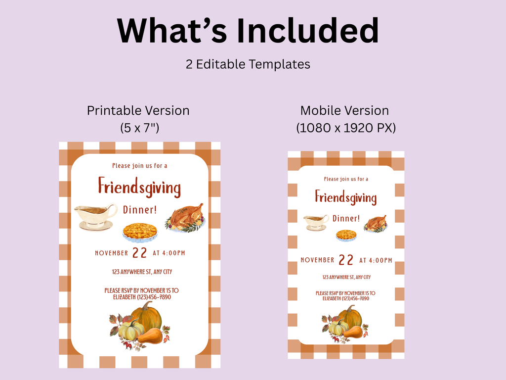 Gingham Pattern Friendsgiving Dinner Digital Invitation (Printable & Mobile versions included)