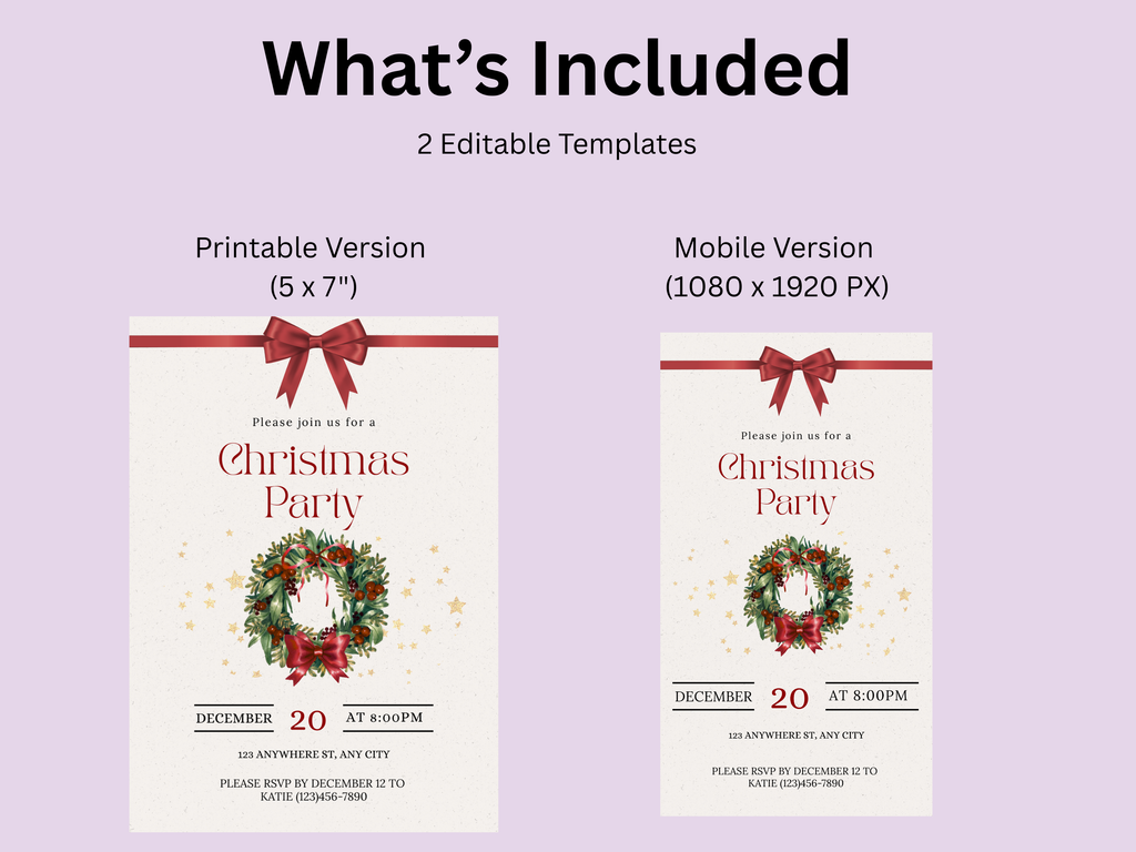 Two Christmas party invitations with a wreath and bow on a light purple background.