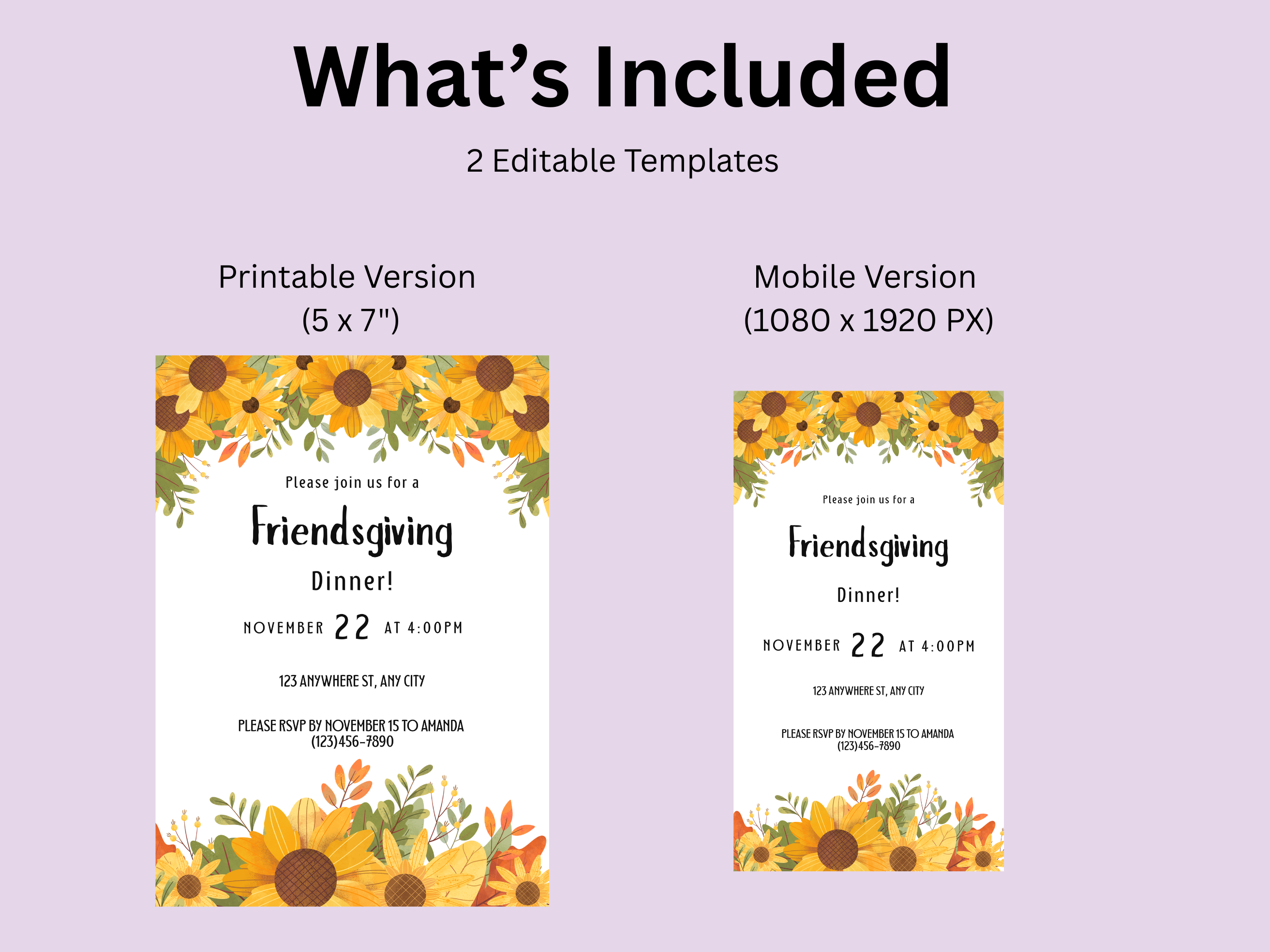 Two editable Thanksgiving invitation templates on a purple background with text indicating file sizes and formats.