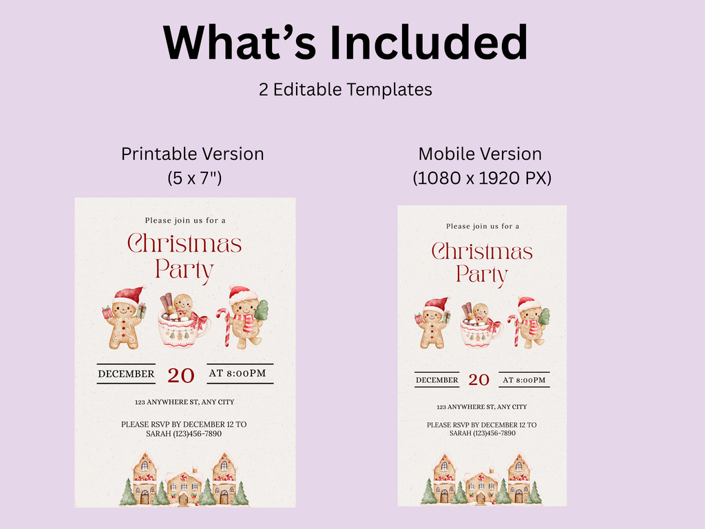 Two Christmas party invitations with editable templates on a light purple background.