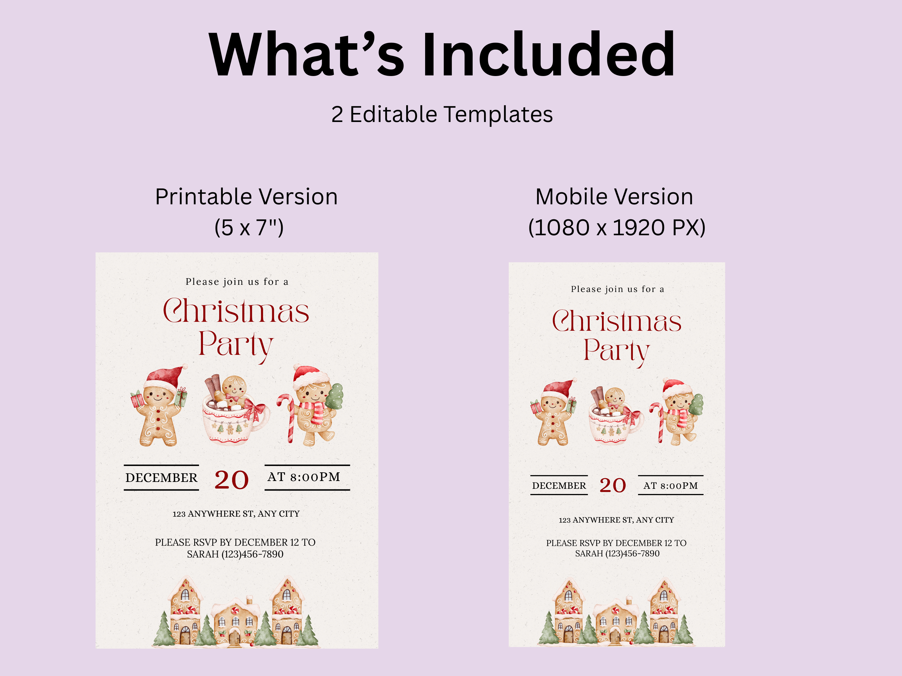 Two Christmas party invitations with editable templates on a light purple background.