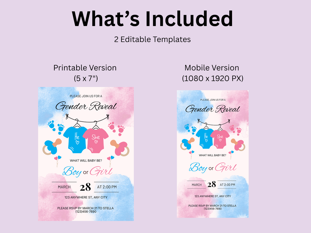 Gender reveal party invitation templates for printable and mobile versions on a light purple background.